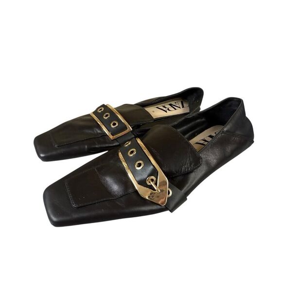 Zara Black Leather Loafers Gold Metal Buckle Square Toe Shoes Size 7.5 US - Picture 8 of 11